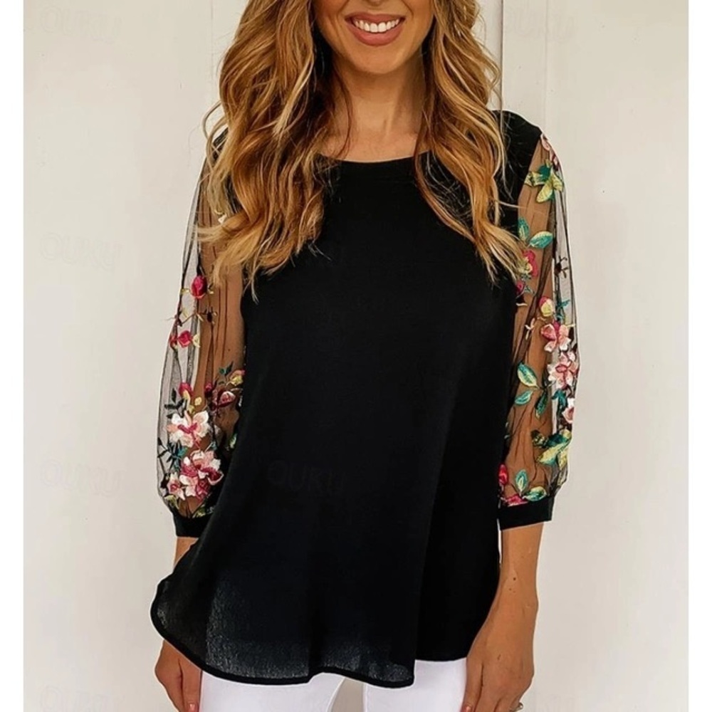 Umgee Black Top with Floral Embroidered Sheer Sleeves